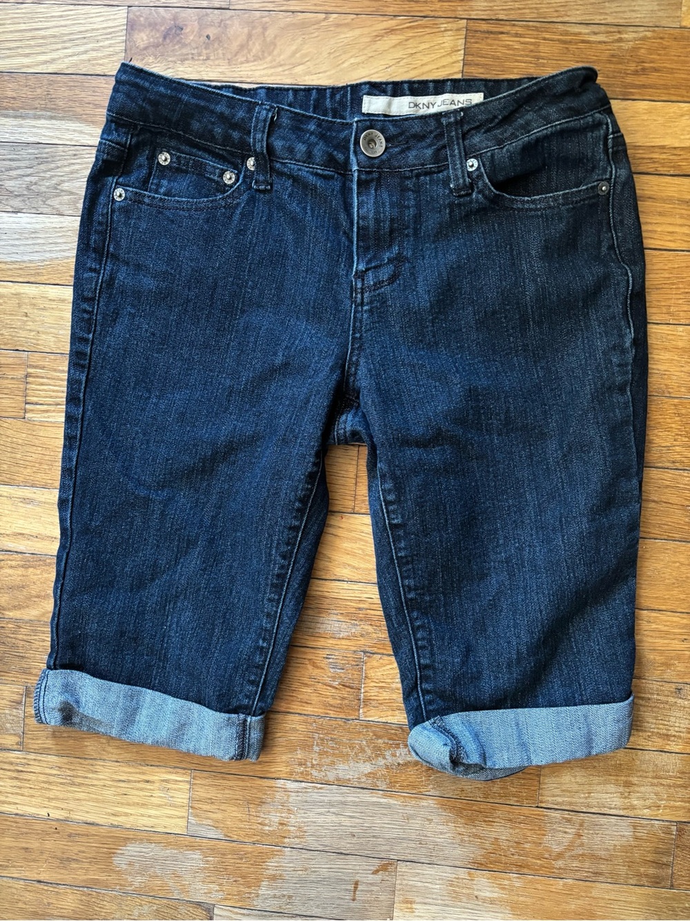 Dkny Dark Blue Cropped Denim Bermuda Shorts